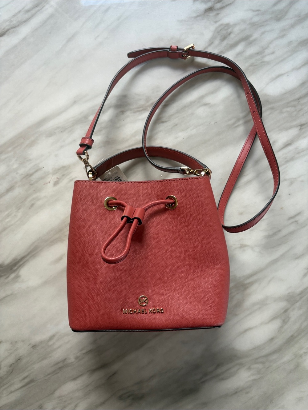 Michael Kors Coral-Pink Drawstring Crossbody Bucket Bag